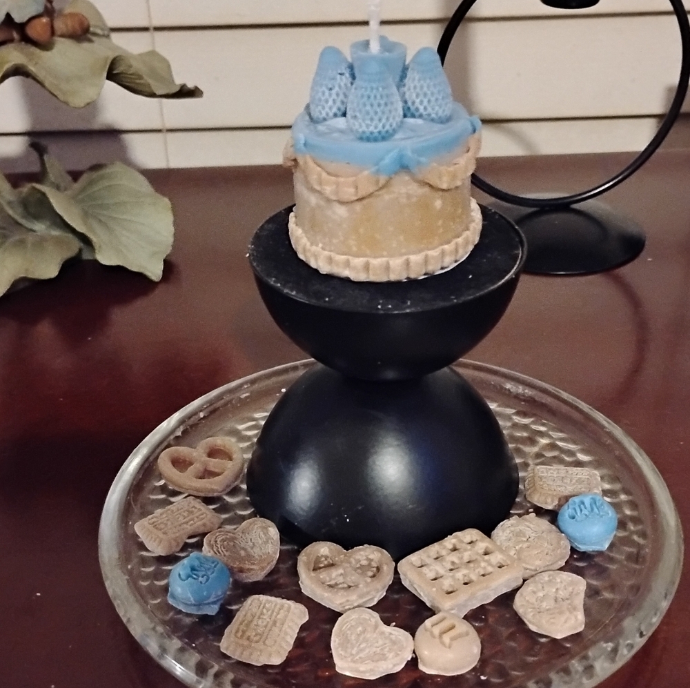 Blue and Tan Scented Birthday Candle with Decorative Accents